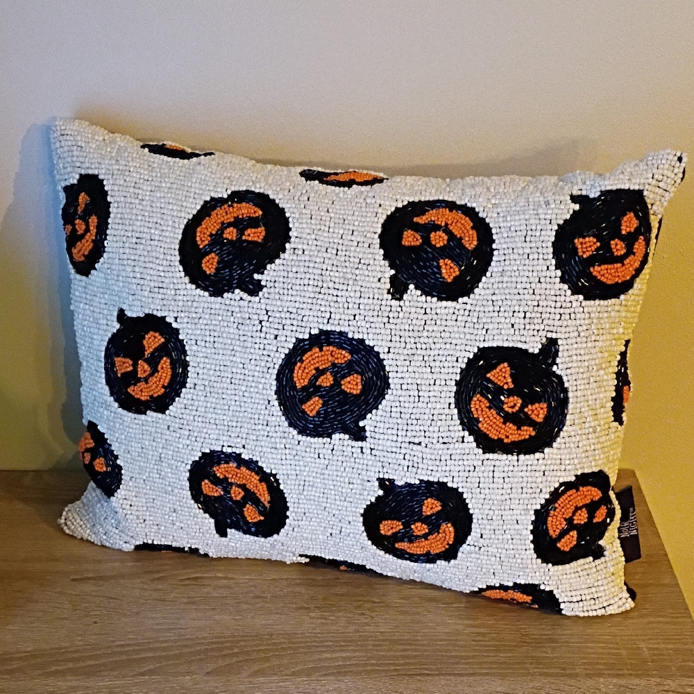 Noir Night Beaded Orange Black White Jack-o'-lantern Decorative Pillow